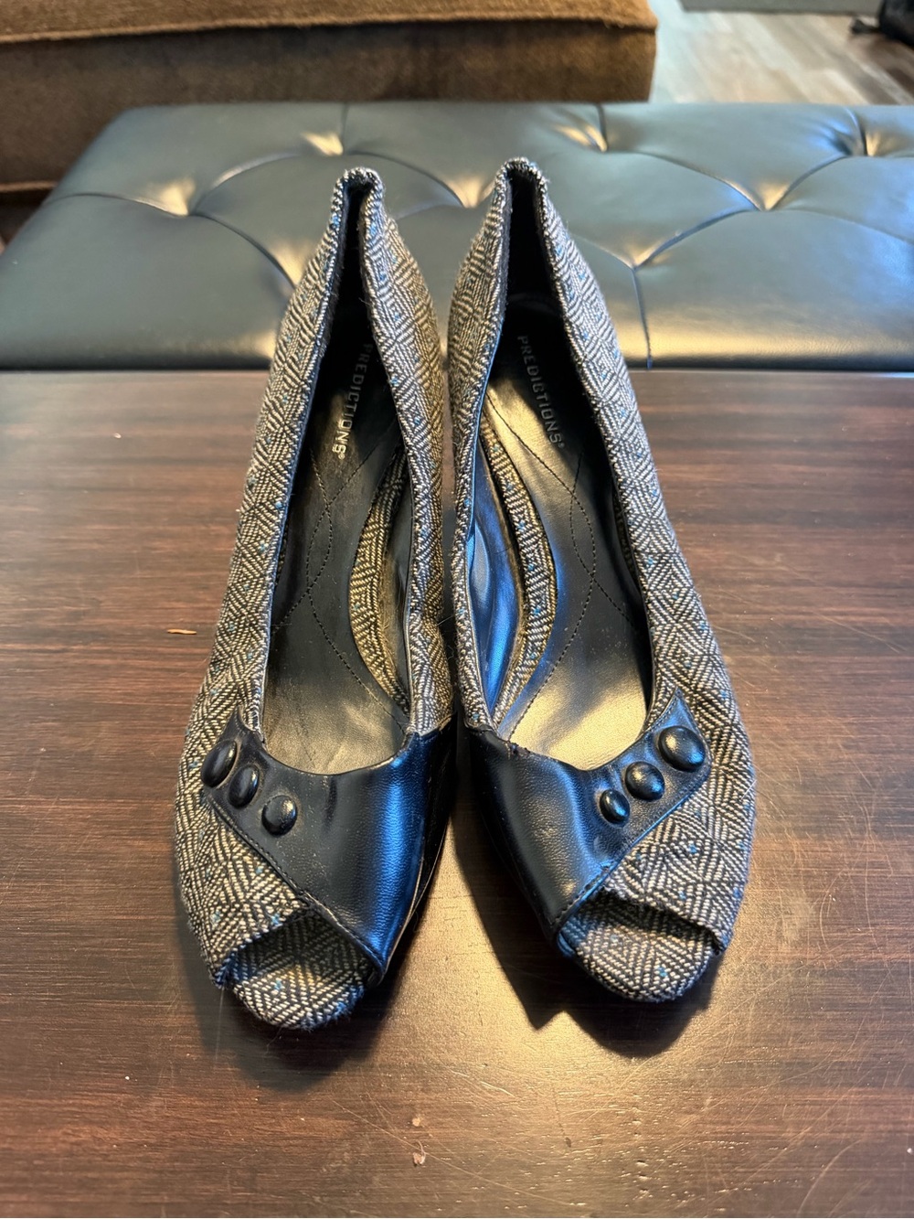 Predictions Black Faux-Leather and Gray Tweed Peep-Toe Wedges